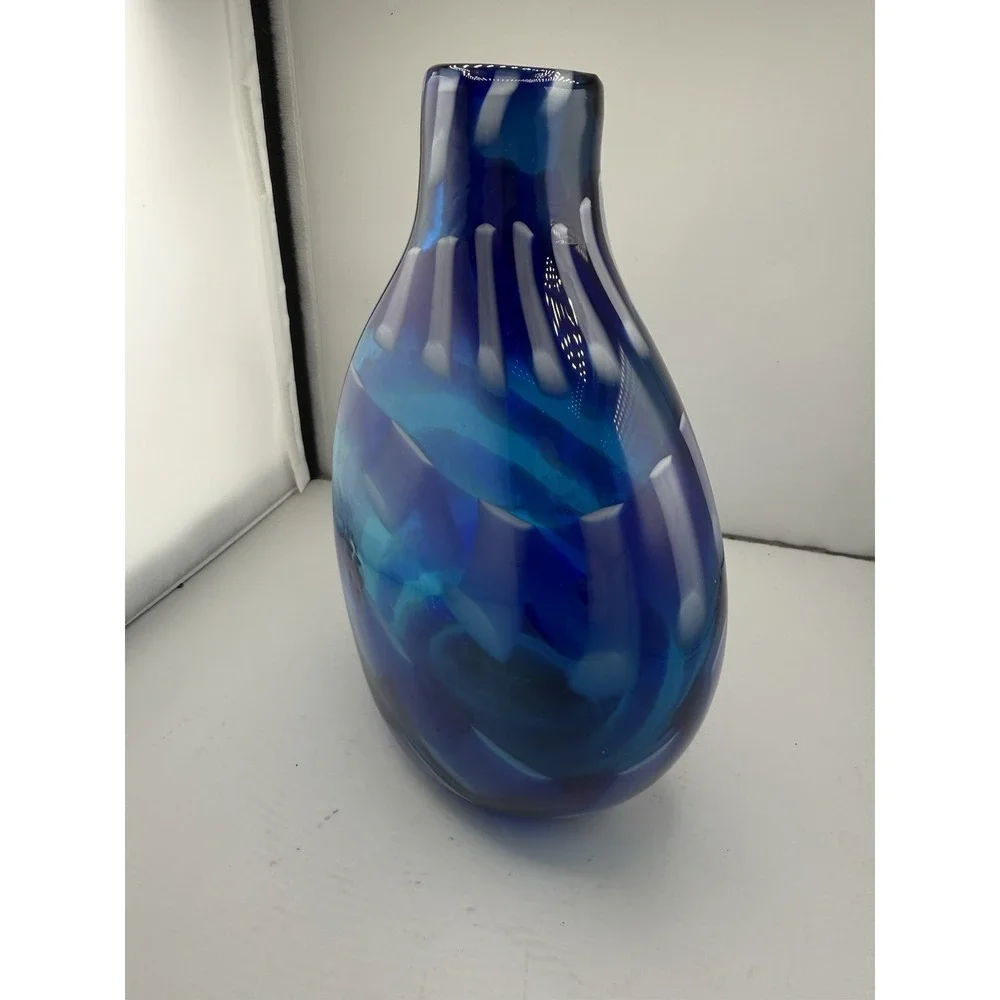 Crate & Barrel Mykonos Glass Bud Vase Hand Blown Vibrant Blue White Pattern 8.5